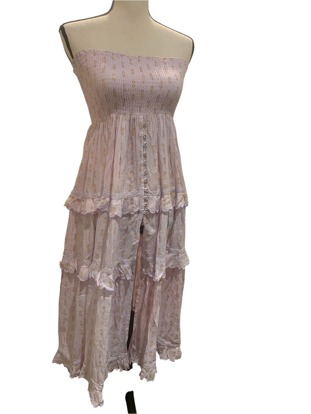 Women’s Strapless Purple Smocked Tiered Midi Ruffled Dress Gold Accent new S/M